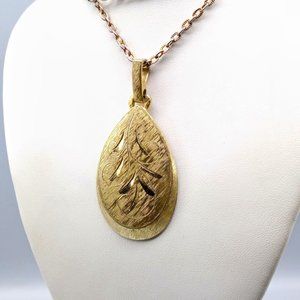 Vintage Etched Teardrop Pendant Brushed Gold Tone on Long Chain Necklace